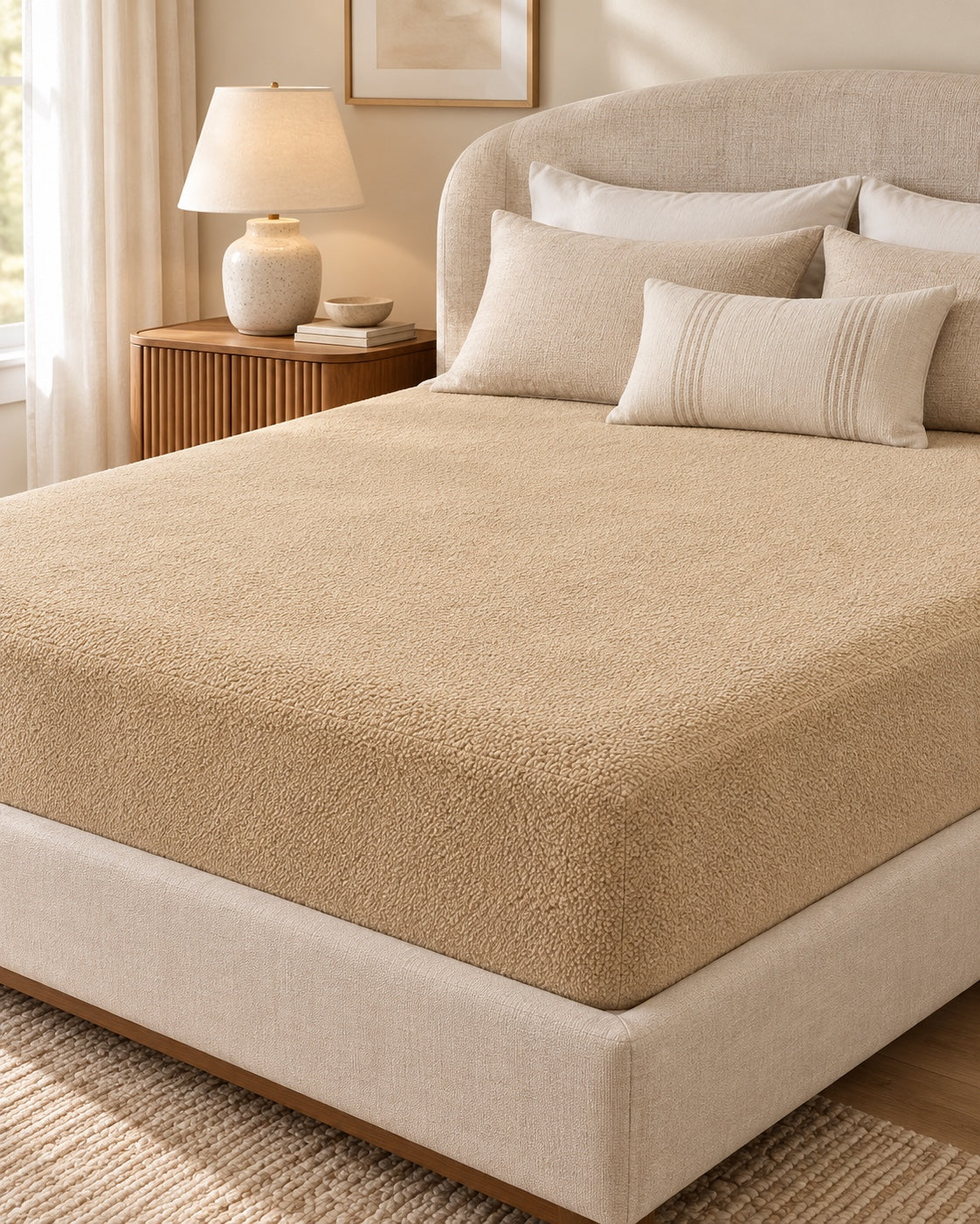 Beige Terry Mattress Protector fitted neatly on a bed in a warm neutral bedroom
