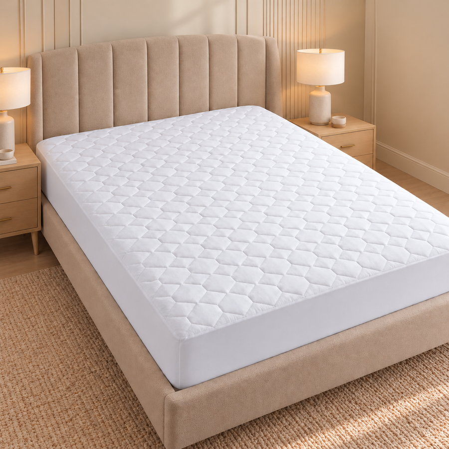 White quilted mattress protector fitted on a bed