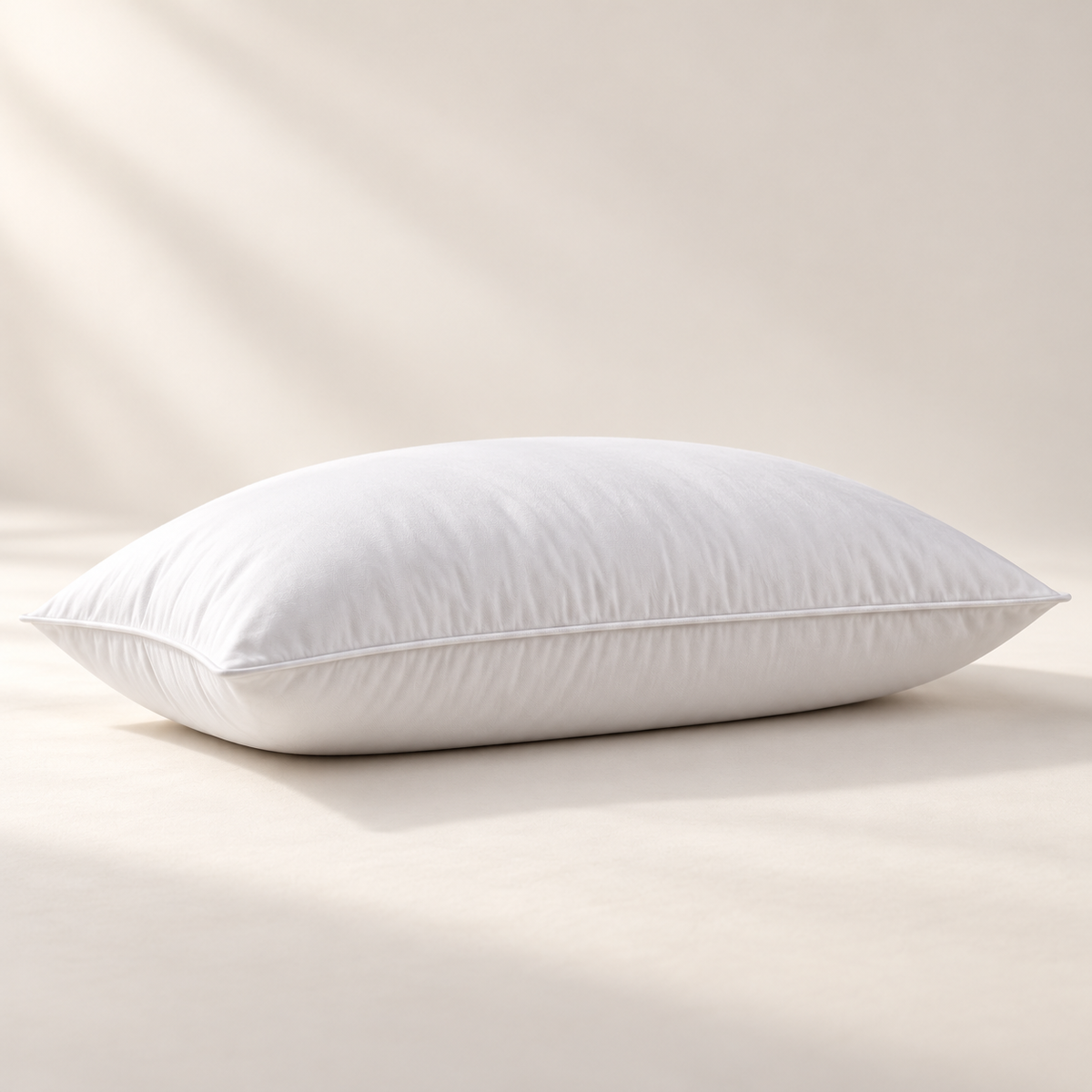 A single full white microfiber pillow shown in profile with a fine piped perimeter seam