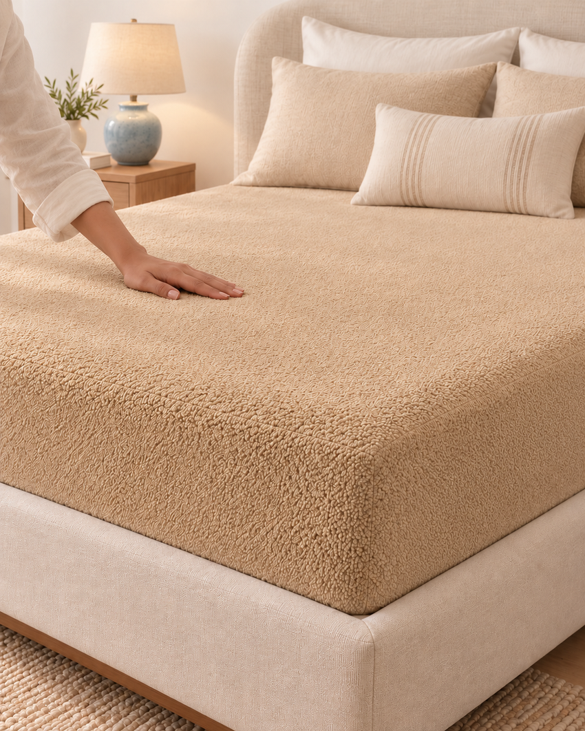 One hand smoothing a beige terry fitted mattress protector