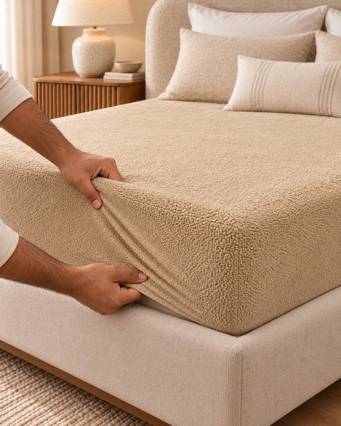 Hands fitting the beige Terry Mattress Protector over the mattress corner