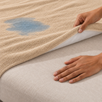 Illustrative view of the beige Westy Home terry protector lifted above a dry oat-coloured mattress, with a small blue-tinted spill on the upper surface
