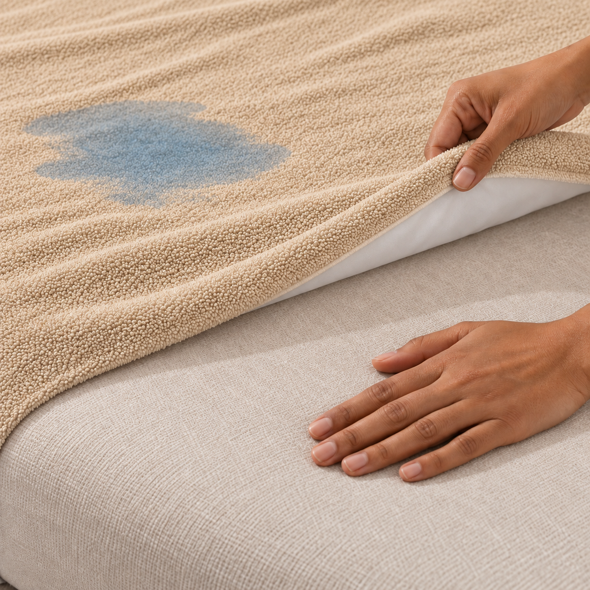 Illustrative view of the beige Westy Home terry protector lifted above a dry oat-coloured mattress, with a small blue-tinted spill on the upper surface