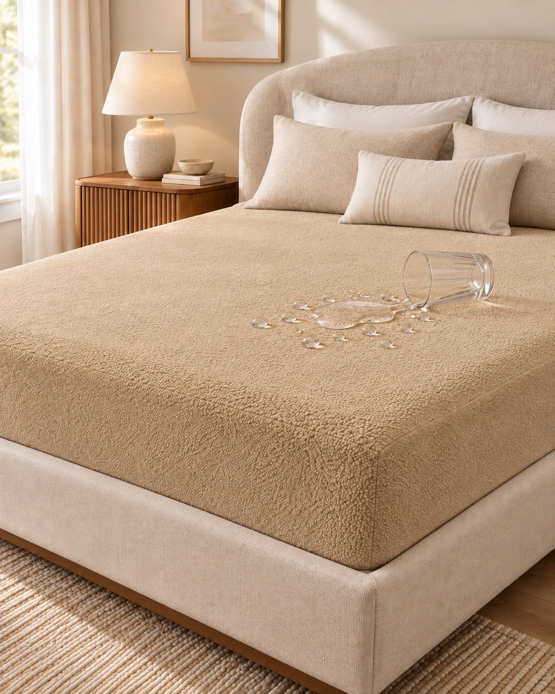 Water beading on the beige Terry Mattress Protector