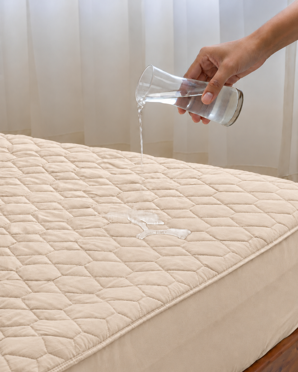 Beige quilted mattress protector – water pour