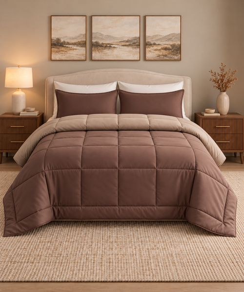 Westy Home Chocolate & Taupe reversible microfiber comforter front bedroom hero view