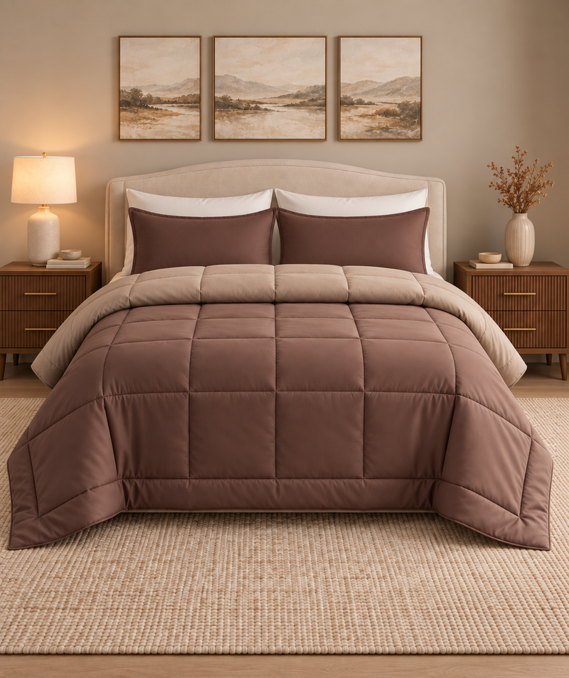 Westy Home Chocolate & Taupe reversible microfiber comforter front bedroom hero view