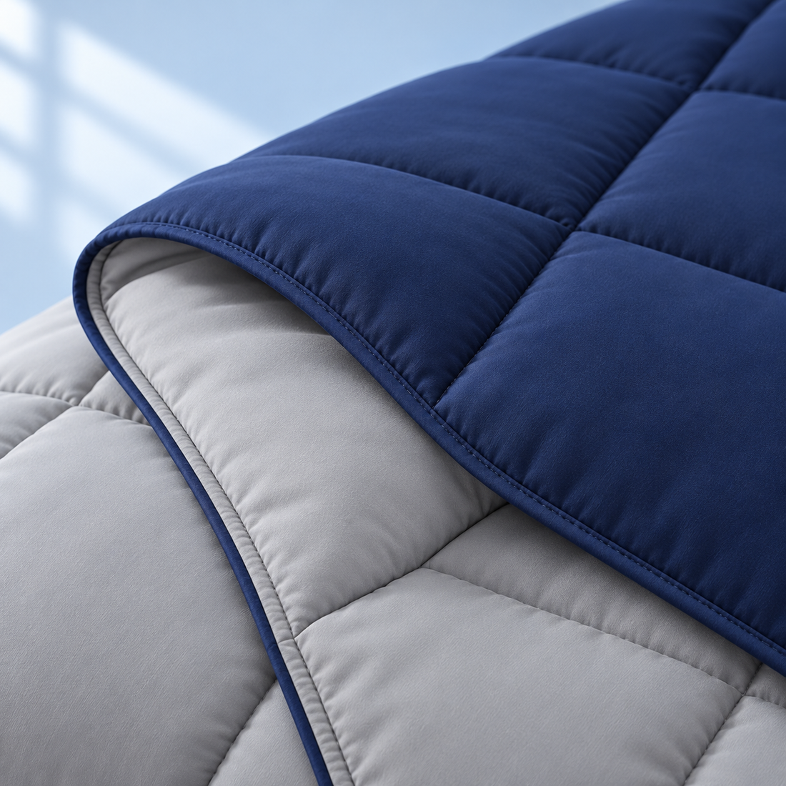 Navy blue comforter with silver reverse, showing the softly quilted edge