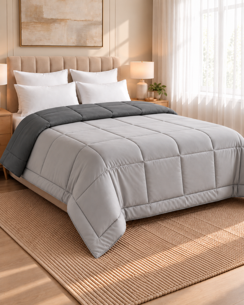 Westy Home Dark Grey & Silver Grey reversible microfiber comforter angled bedroom view