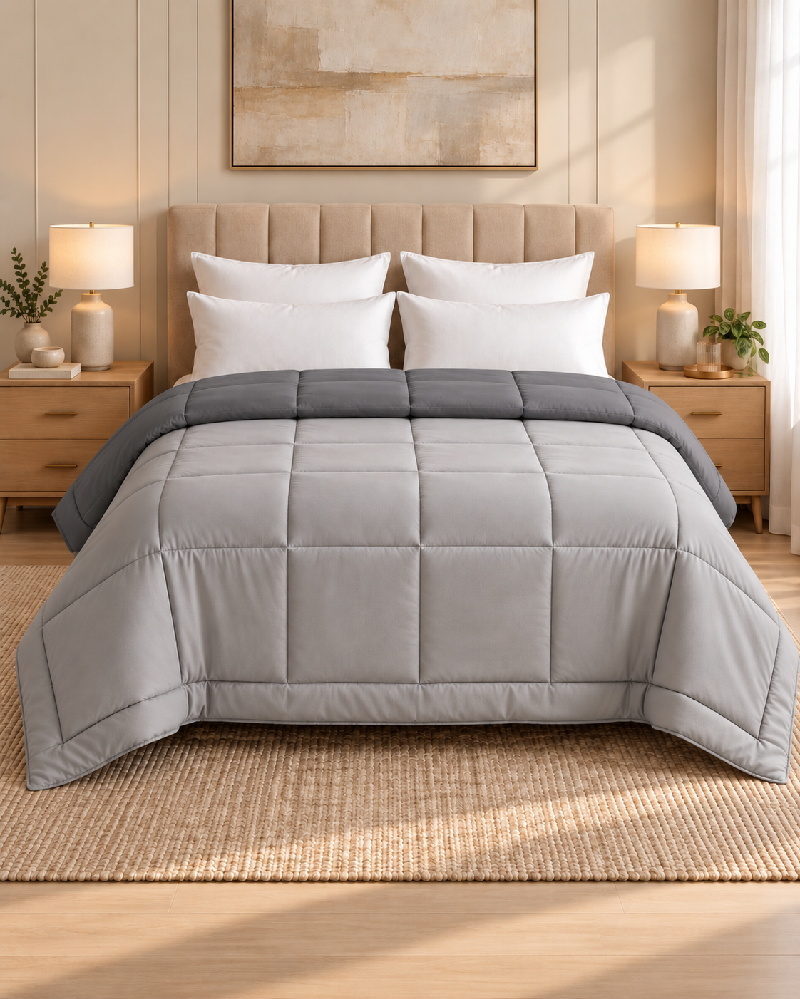 Westy Home Dark Grey & Silver Grey reversible microfiber comforter front bedroom view