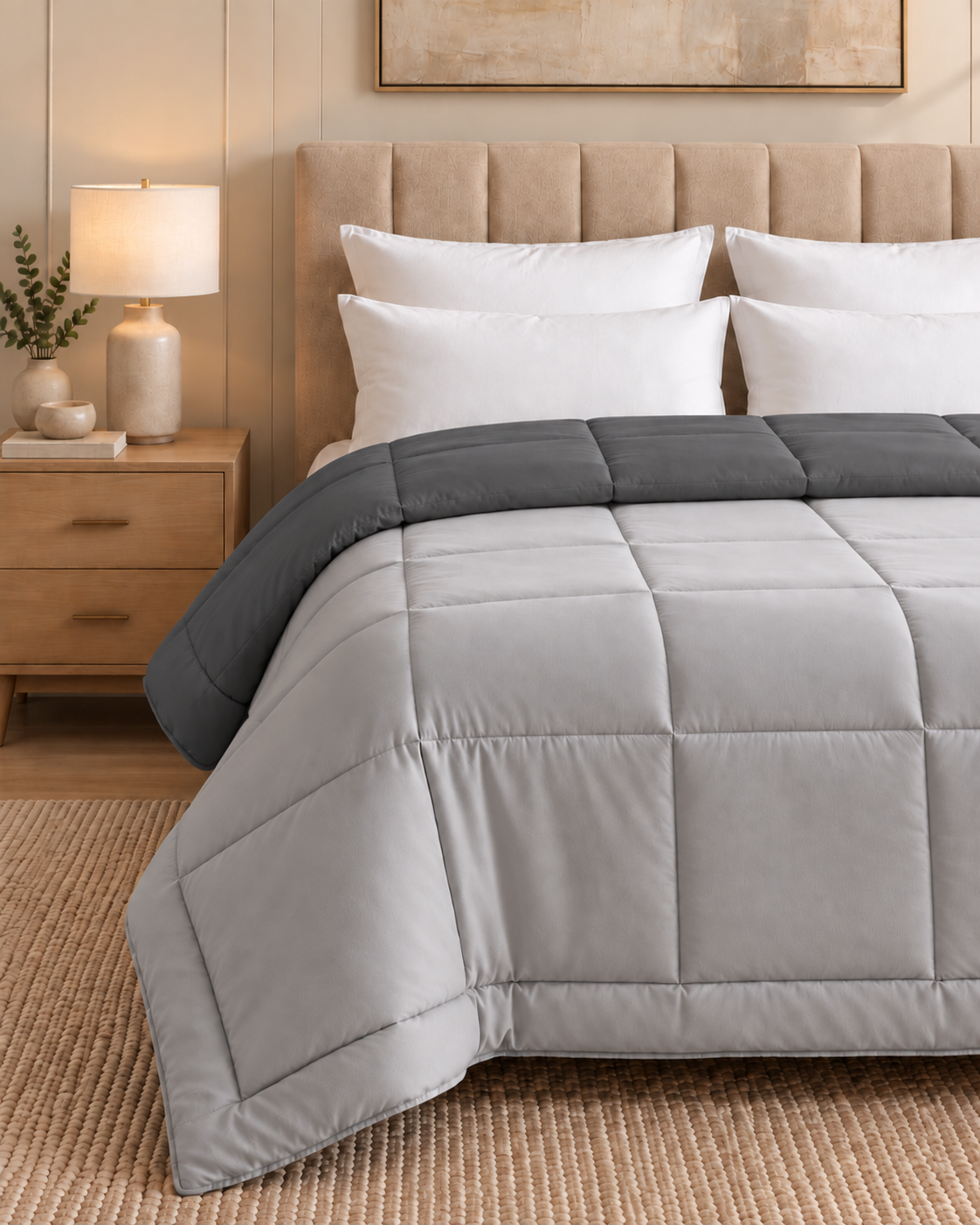 Westy Home Dark Grey & Silver Grey reversible microfiber comforter bedroom detail