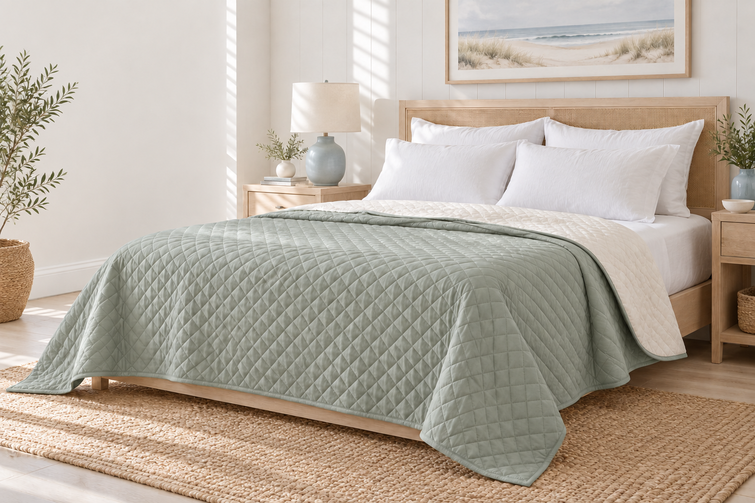Quilted dohar styled in a calm bedroom
