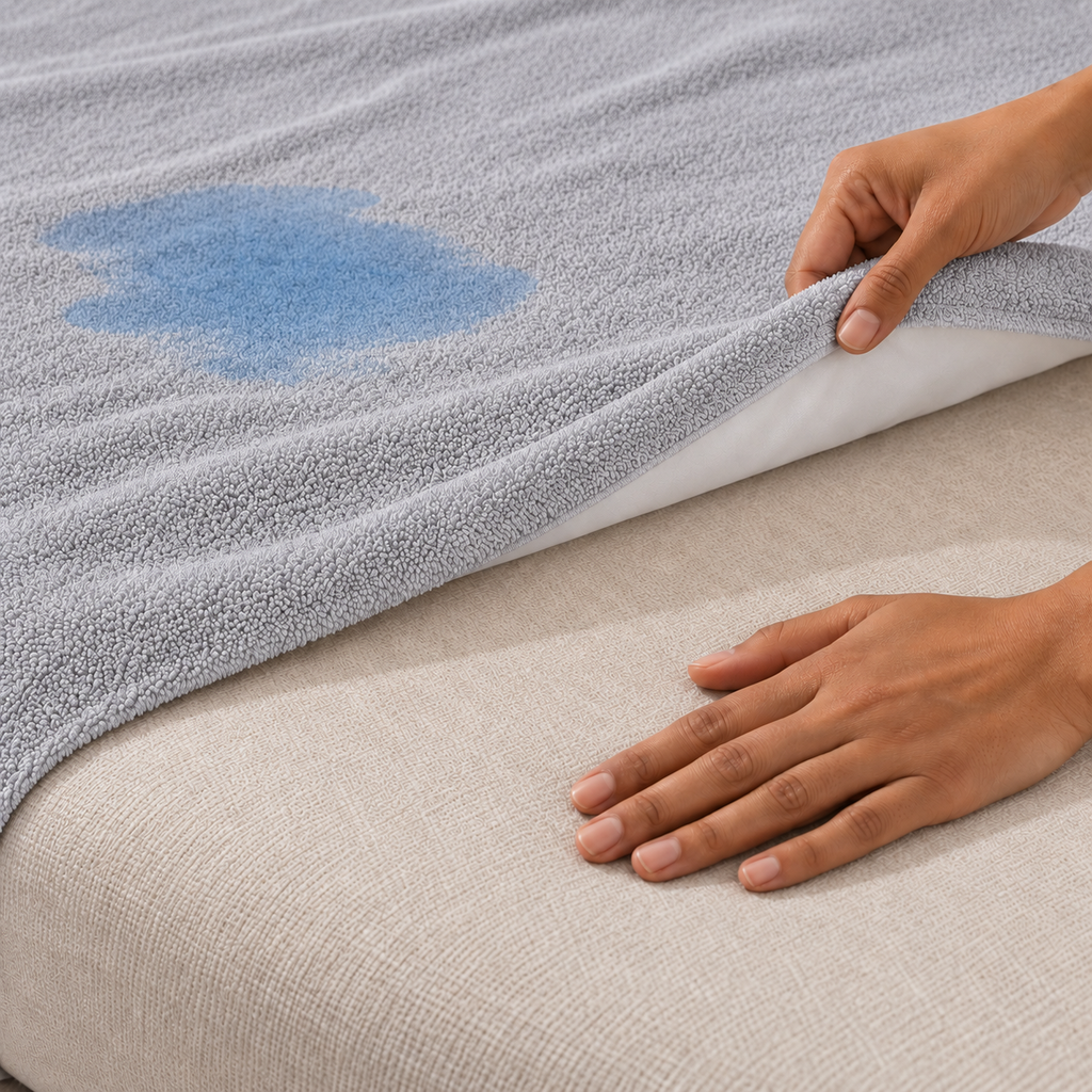 Illustrative view of the grey Westy Home terry protector lifted above a dry oat-coloured mattress, with a small blue-tinted spill on the upper surface