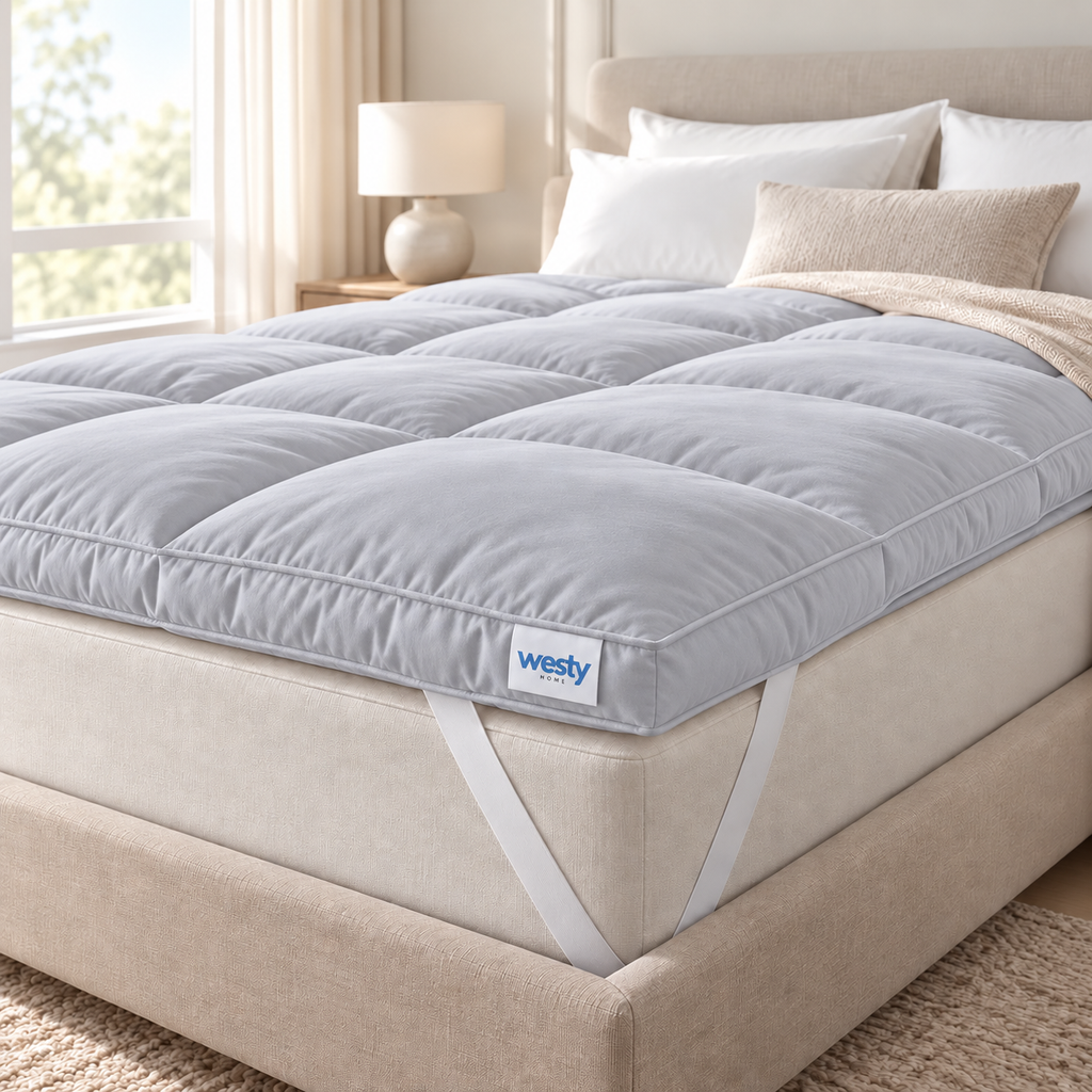 Grey mattress topper with corner strap and Westy Home label