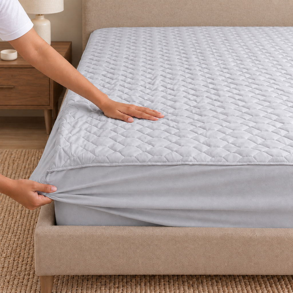 Grey quilted mattress protector fitted stretch skirt