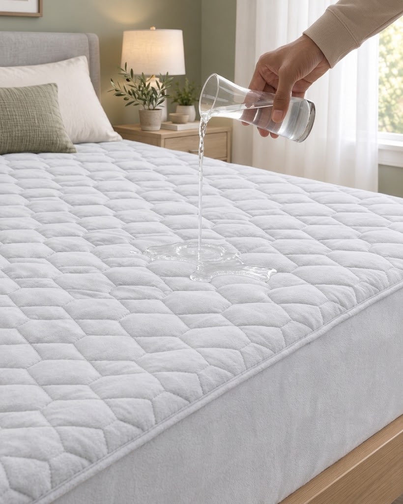 Water poured onto grey quilted mattress protector
