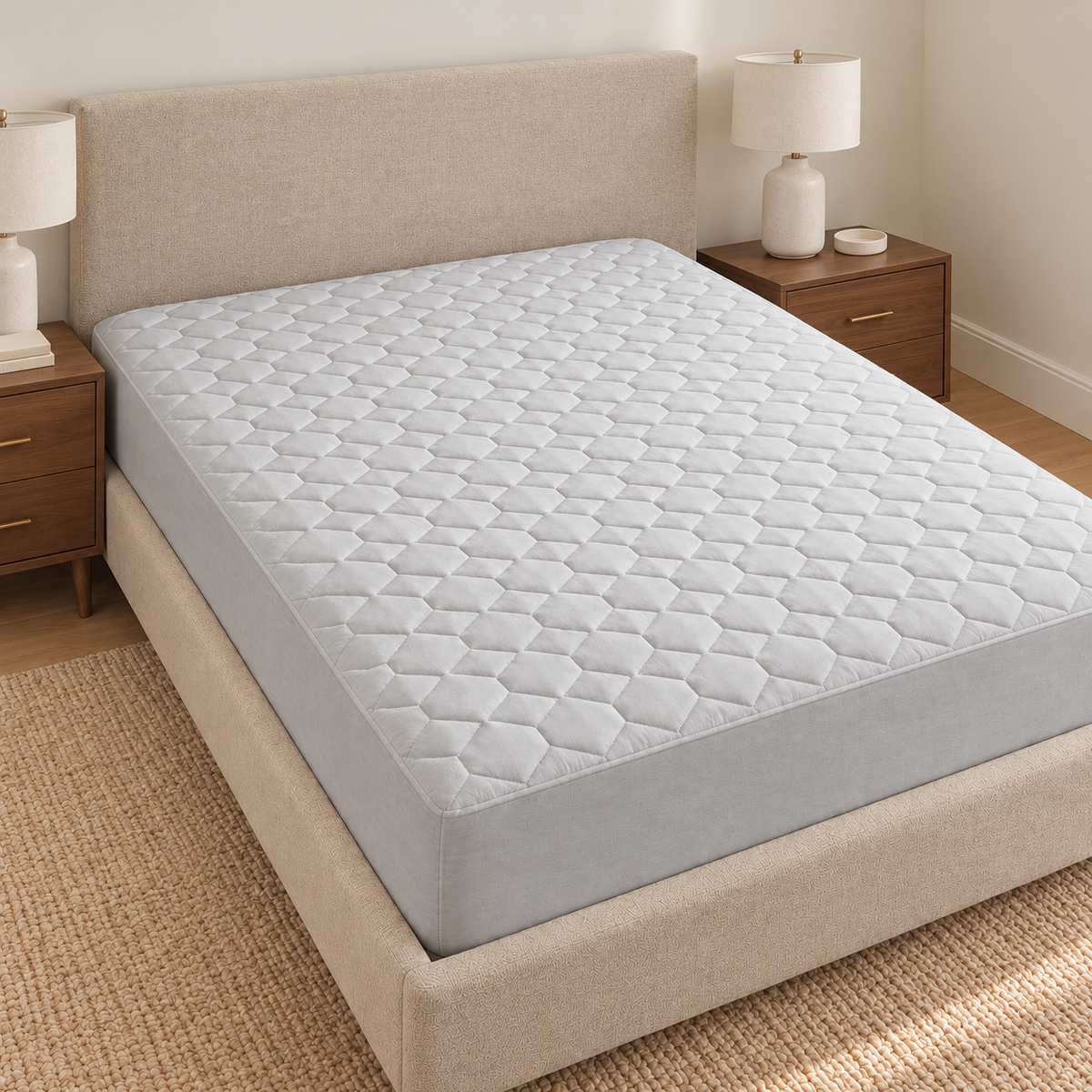 Grey quilted mattress protector fitted on a bed