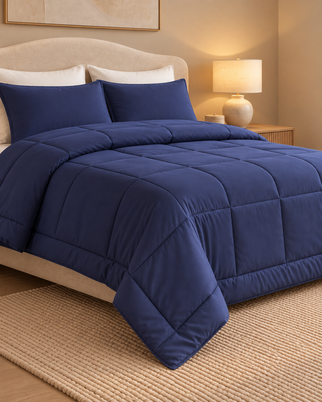 Westy Home Navy Blue microfiber comforter close angled bedroom view