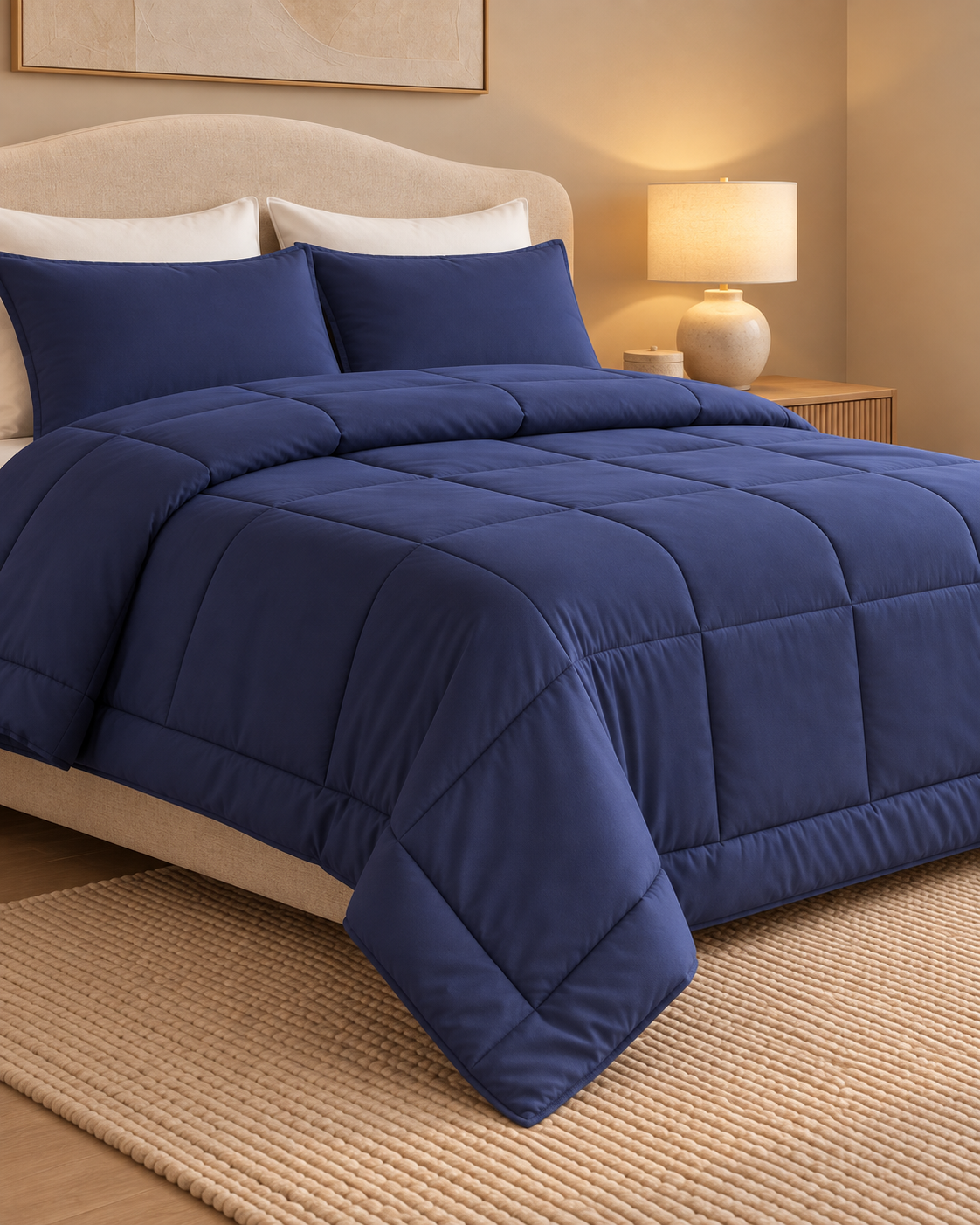 Westy Home Navy Blue microfiber comforter close angled bedroom view
