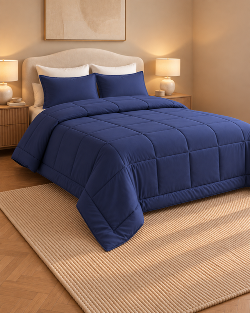 Westy Home Navy Blue microfiber comforter angled bedroom view