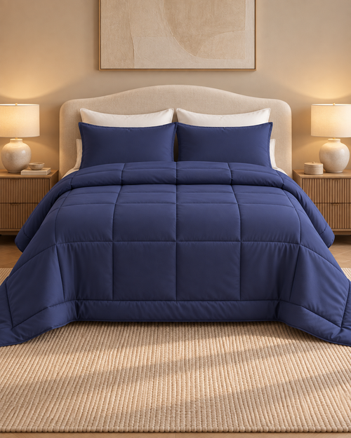 Westy Home Navy Blue microfiber comforter front bedroom hero view