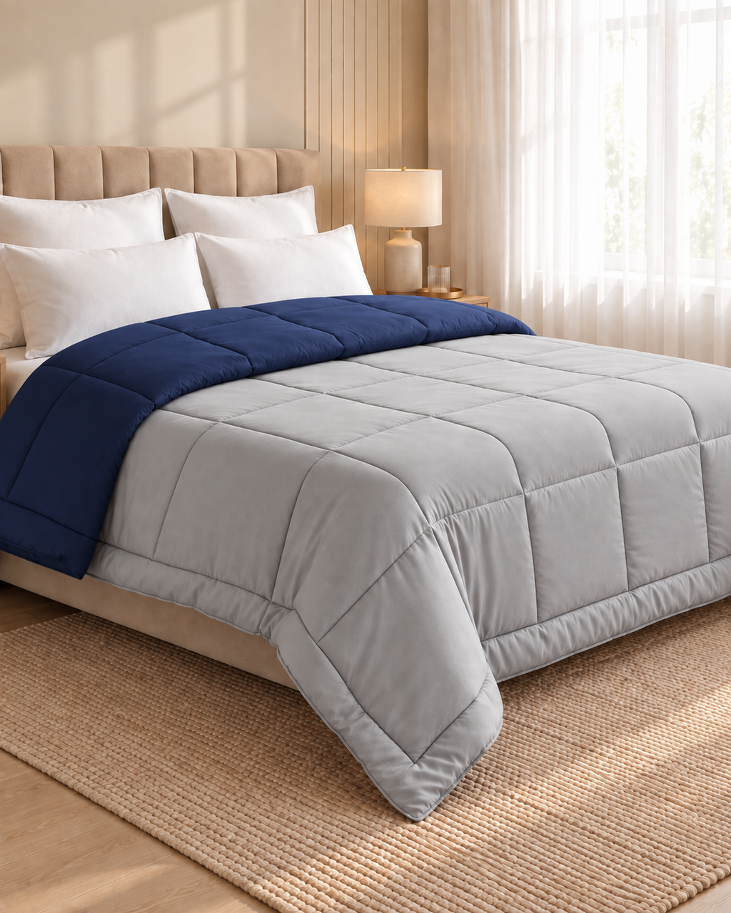 Westy Home Navy Blue & Silver Grey reversible microfiber comforter angled bedroom view