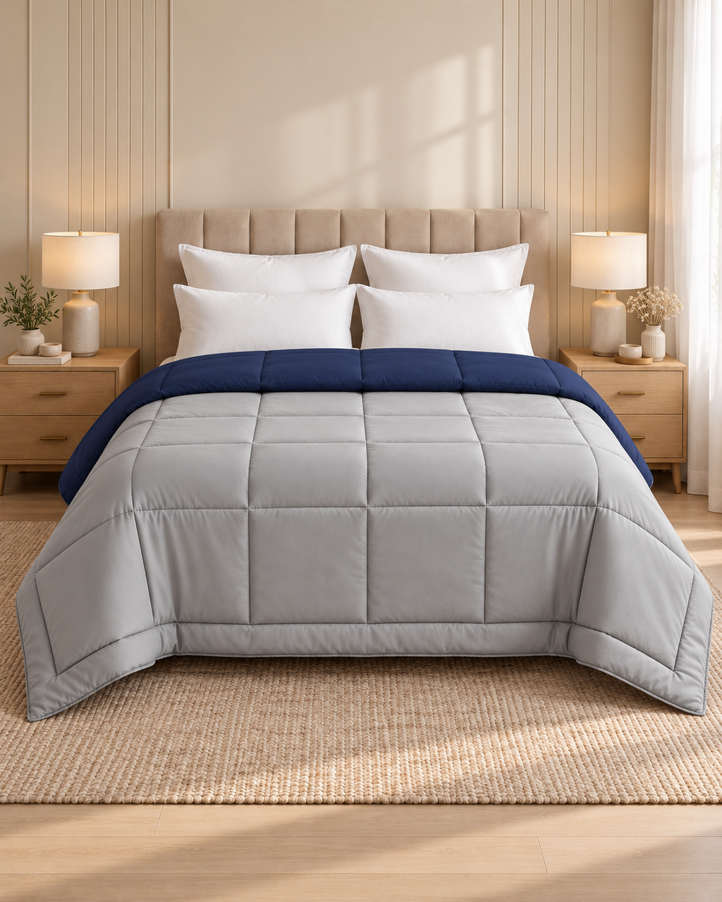 Westy Home Navy Blue & Silver Grey reversible microfiber comforter front bedroom view