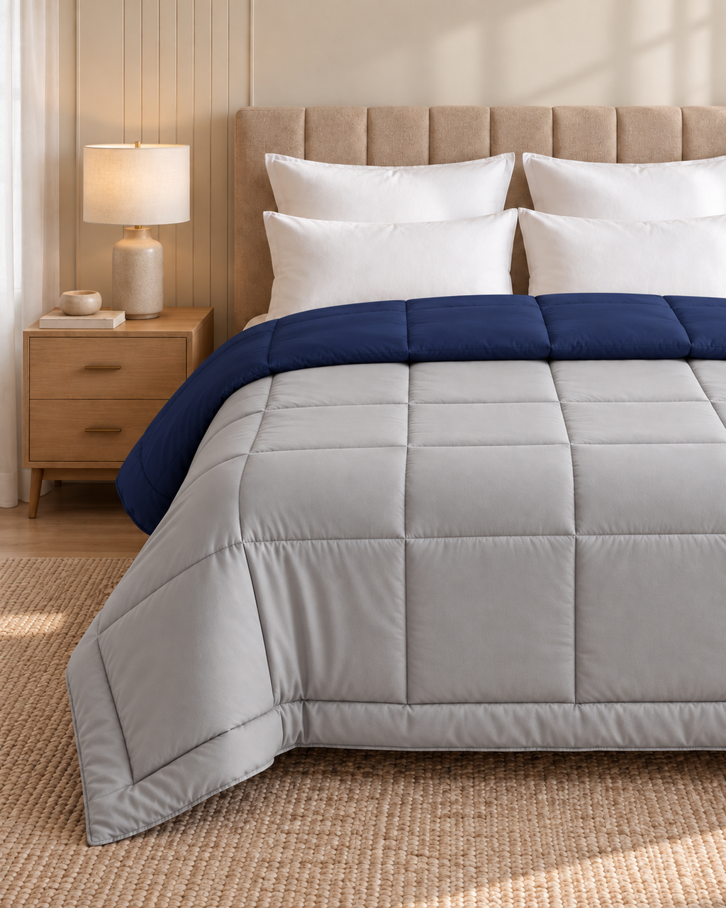 Westy Home Navy Blue & Silver Grey reversible microfiber comforter bedroom detail