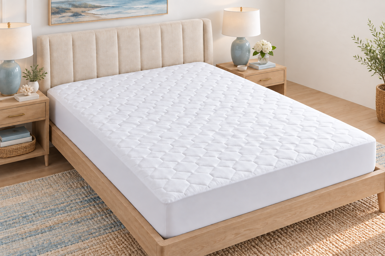 White quilted mattress protector fitted on a bed