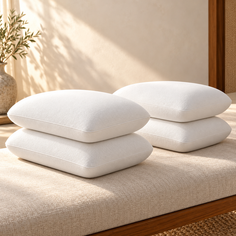 Four white Westy Regular Memory Foam pillows arranged in two stacks