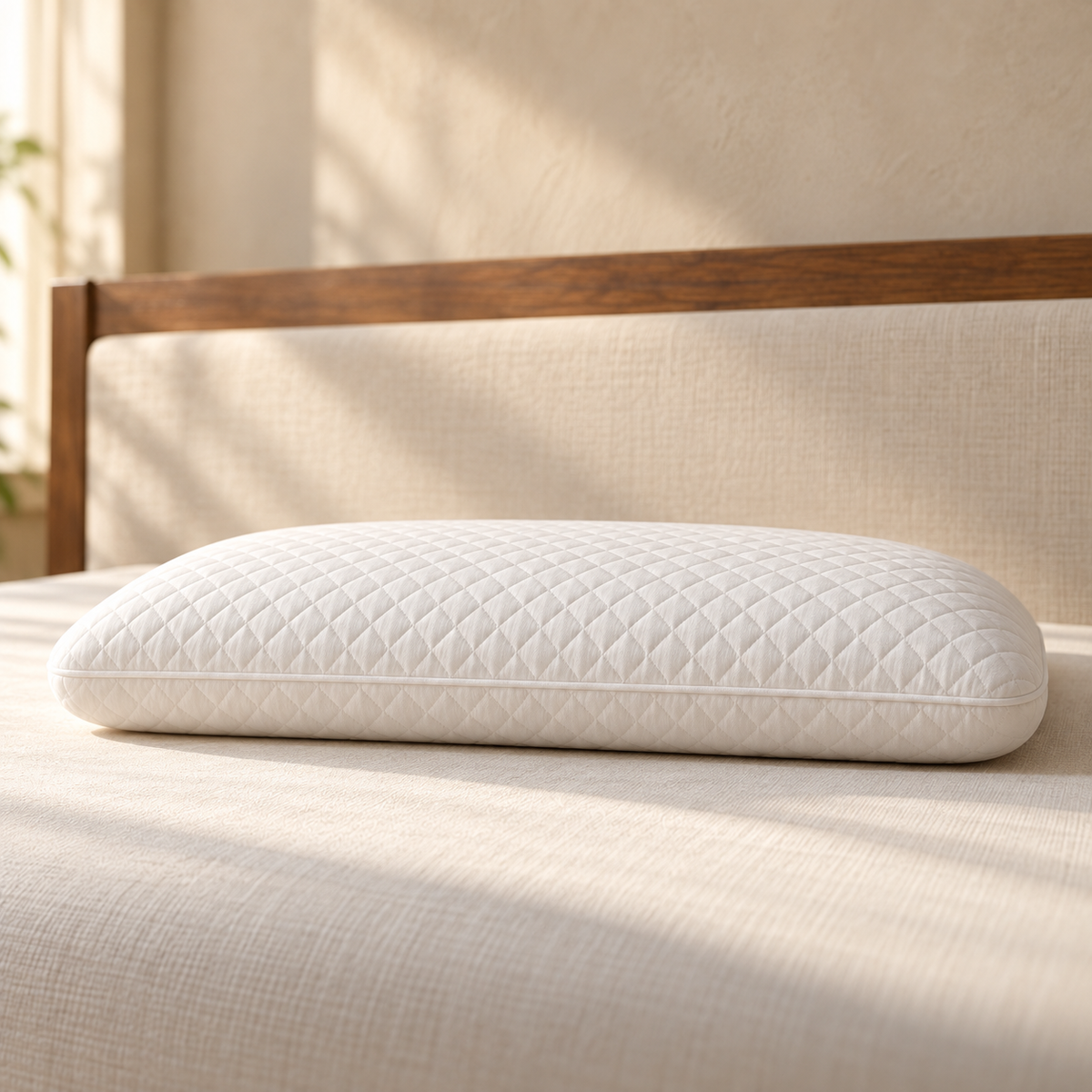 Westy Slim Memory Foam pillow showing low profile and white quilted cover