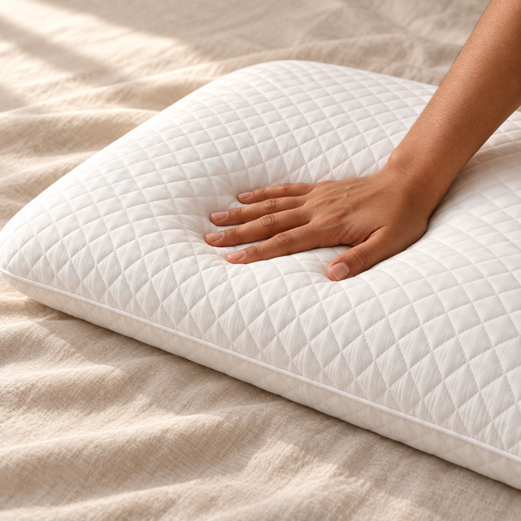 Adult hand gently pressing a white Westy Slim Memory Foam pillow