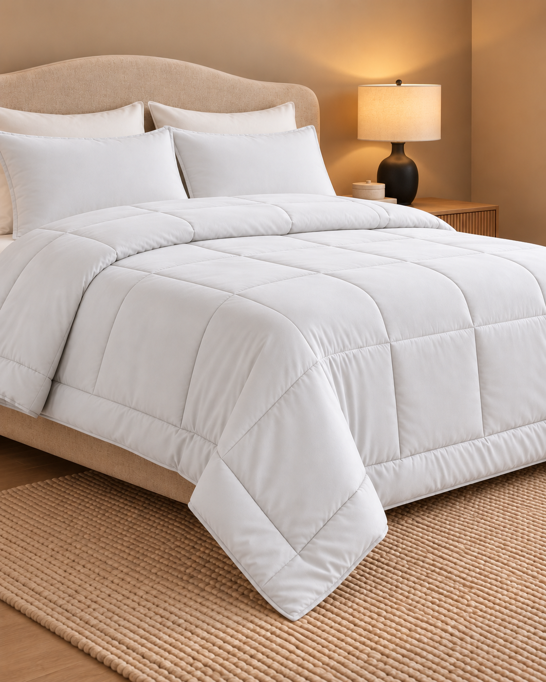 Westy Home White Solid microfiber comforter close angled bedroom view
