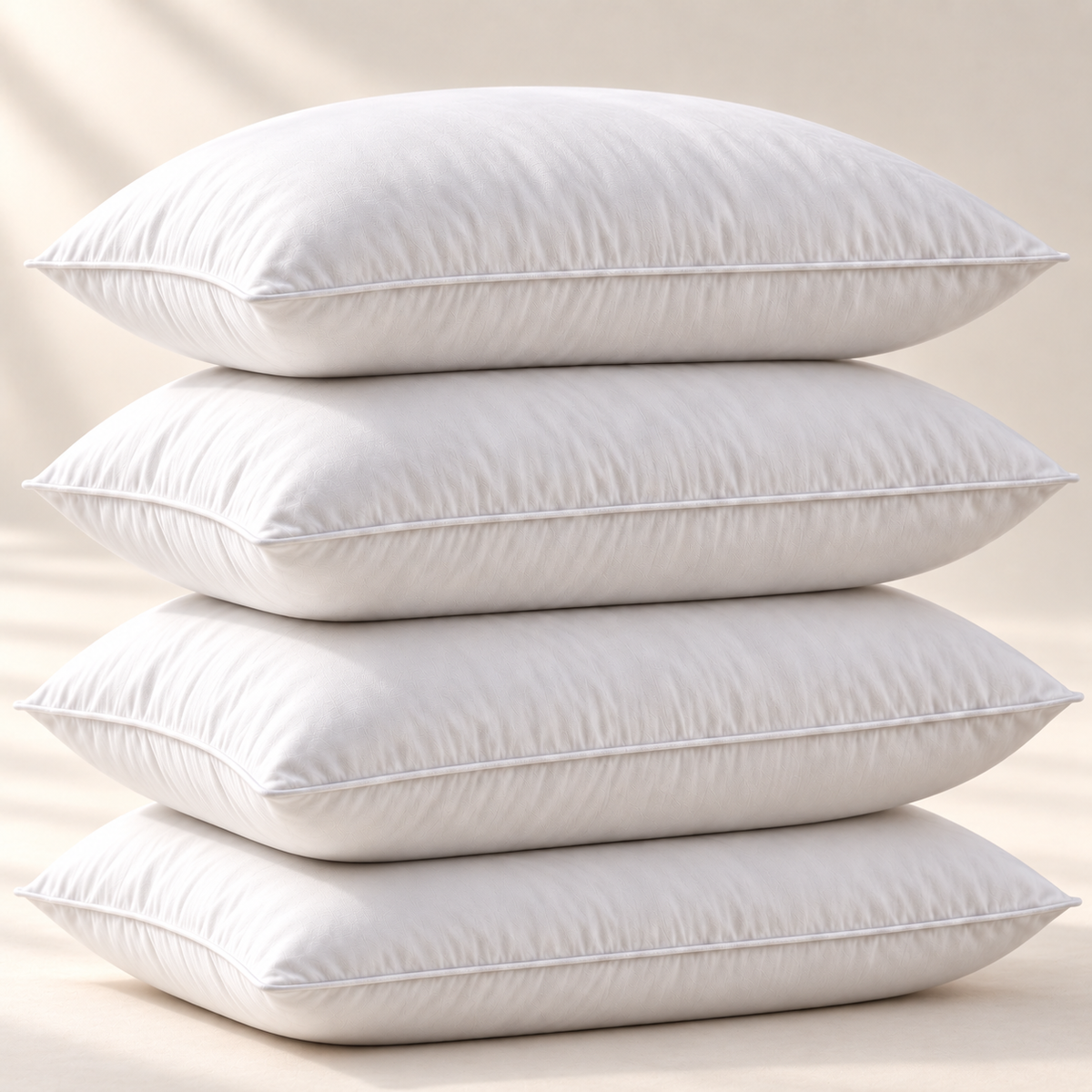 Four full white microfiber pillows stacked with single piped edges visible