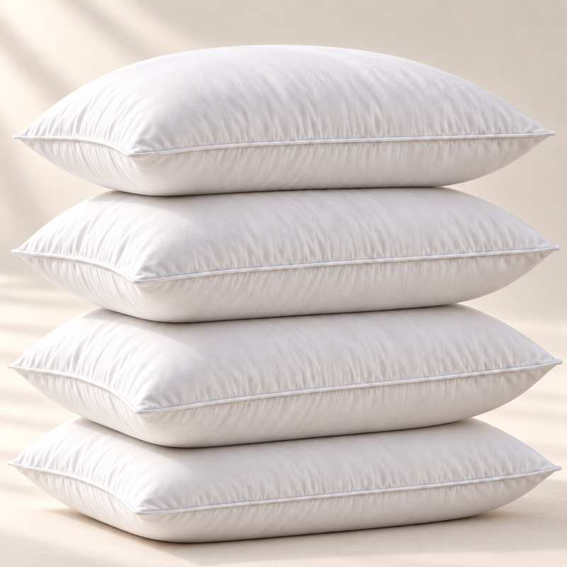 Four full white microfiber pillows stacked with single piped edges visible