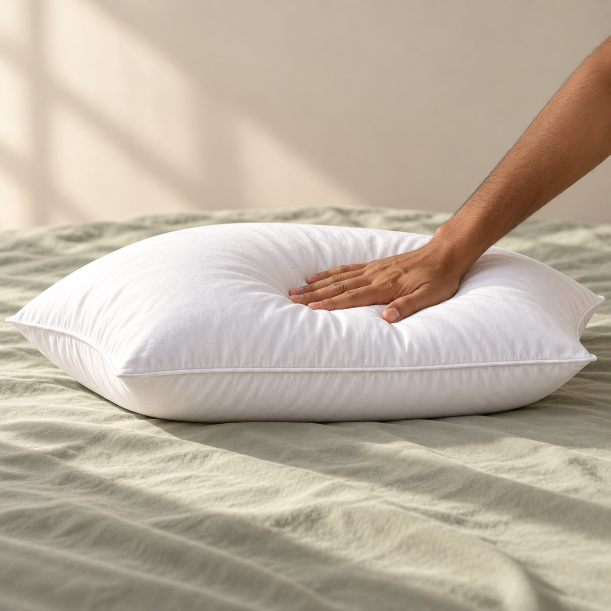 An adult hand gently pressing one full white microfiber pillow on a sage bed