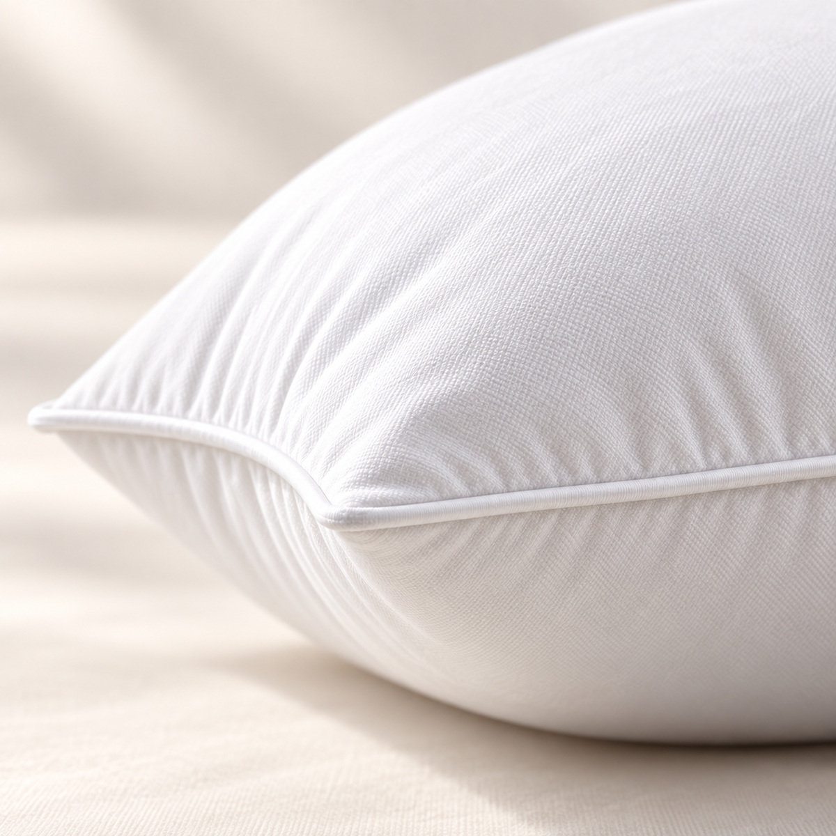 Close-up of the white woven cover and fine piped corner of a microfiber Regular pillow