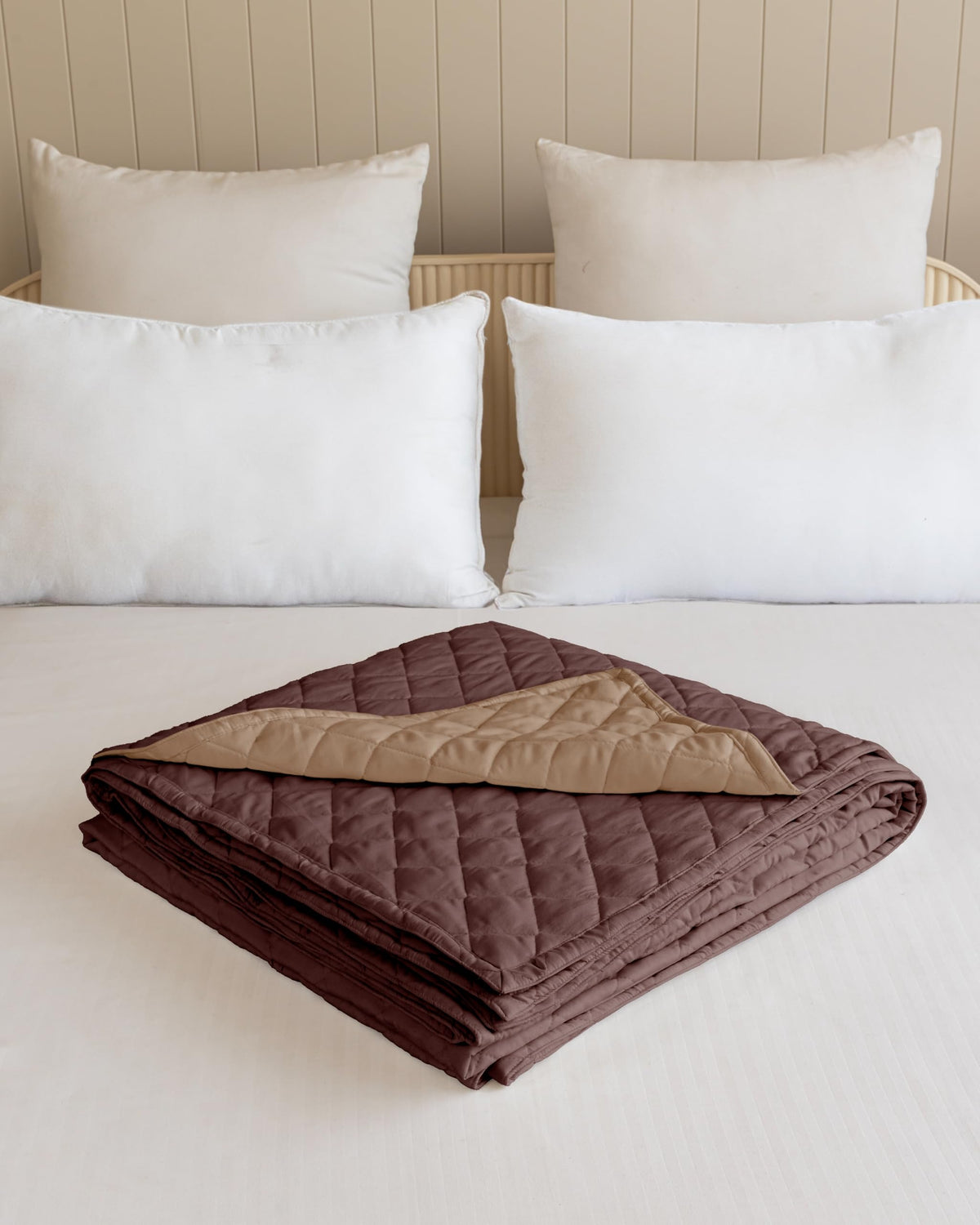 Westy Home quilted dohar, Chocolate & Taupe, folded dohar and reverse