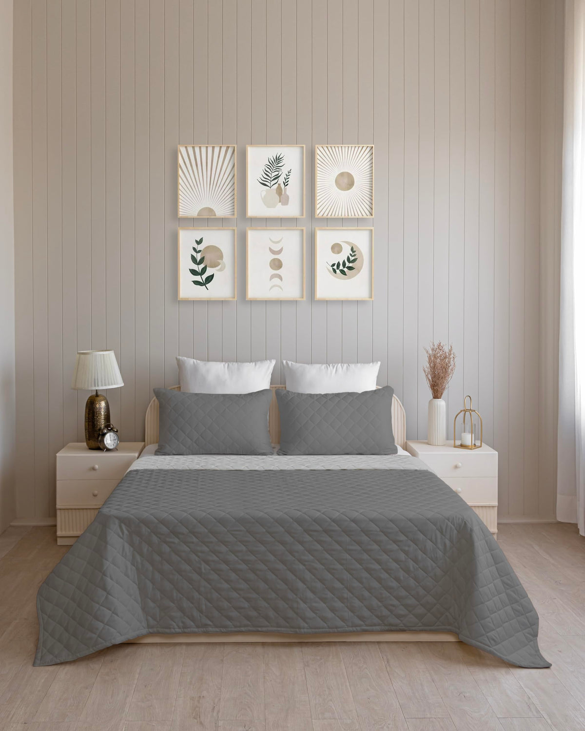 Westy Home quilted dohar, Dark Grey & Silver Grey, front bedroom view
