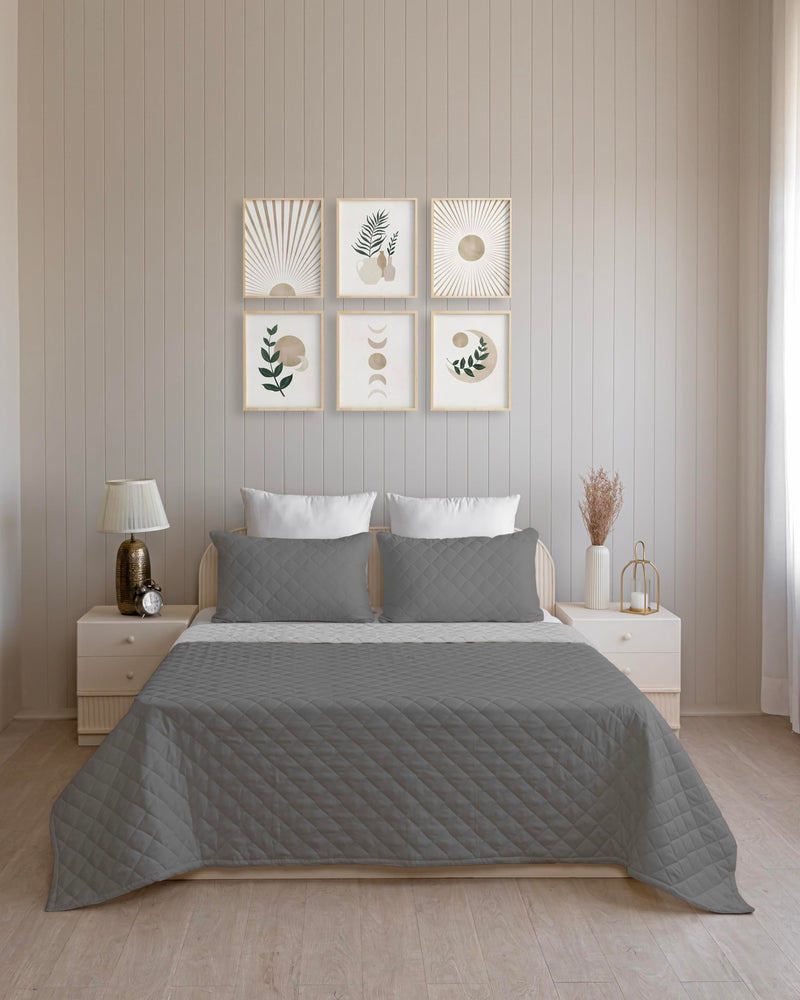 Westy Home quilted dohar, Dark Grey & Silver Grey, front bedroom view