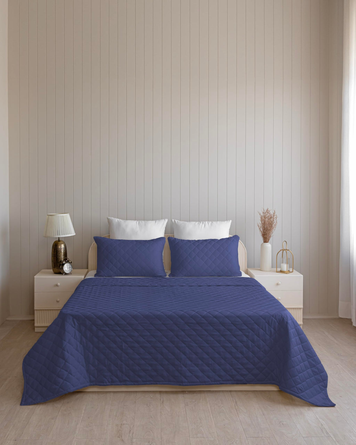 Westy Home quilted dohar, Navy Blue, front bedroom view