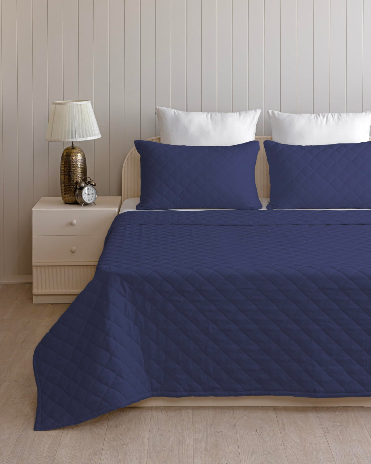 Westy Home quilted dohar, Navy Blue, pillow and quilt detail