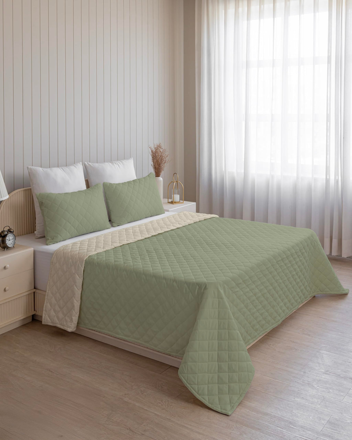 Westy Home quilted dohar, Pearl & Moss, angled bedroom view