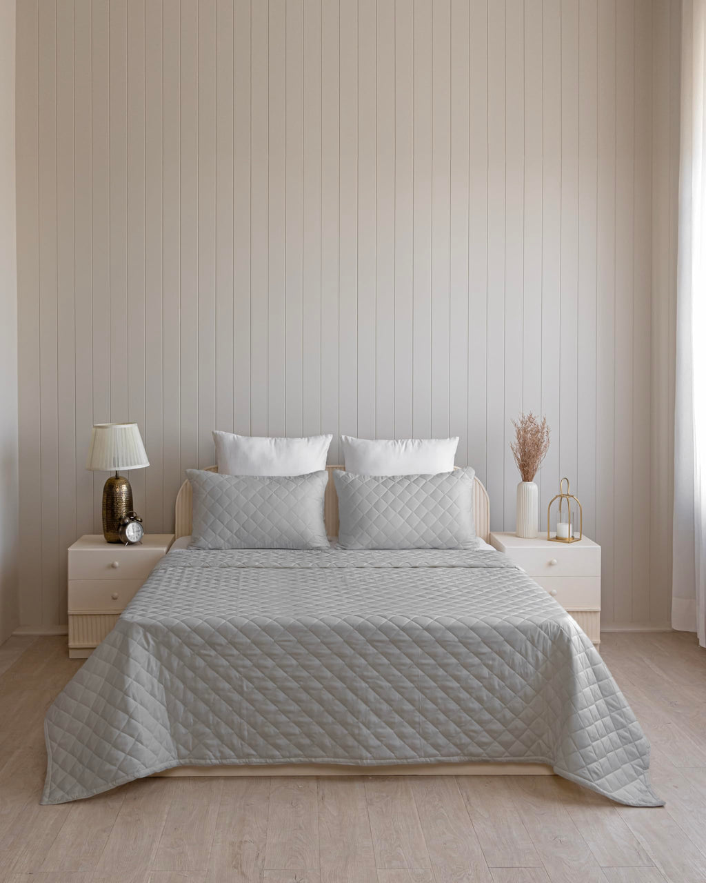 Westy Home quilted dohar, Silver Grey, front bedroom view
