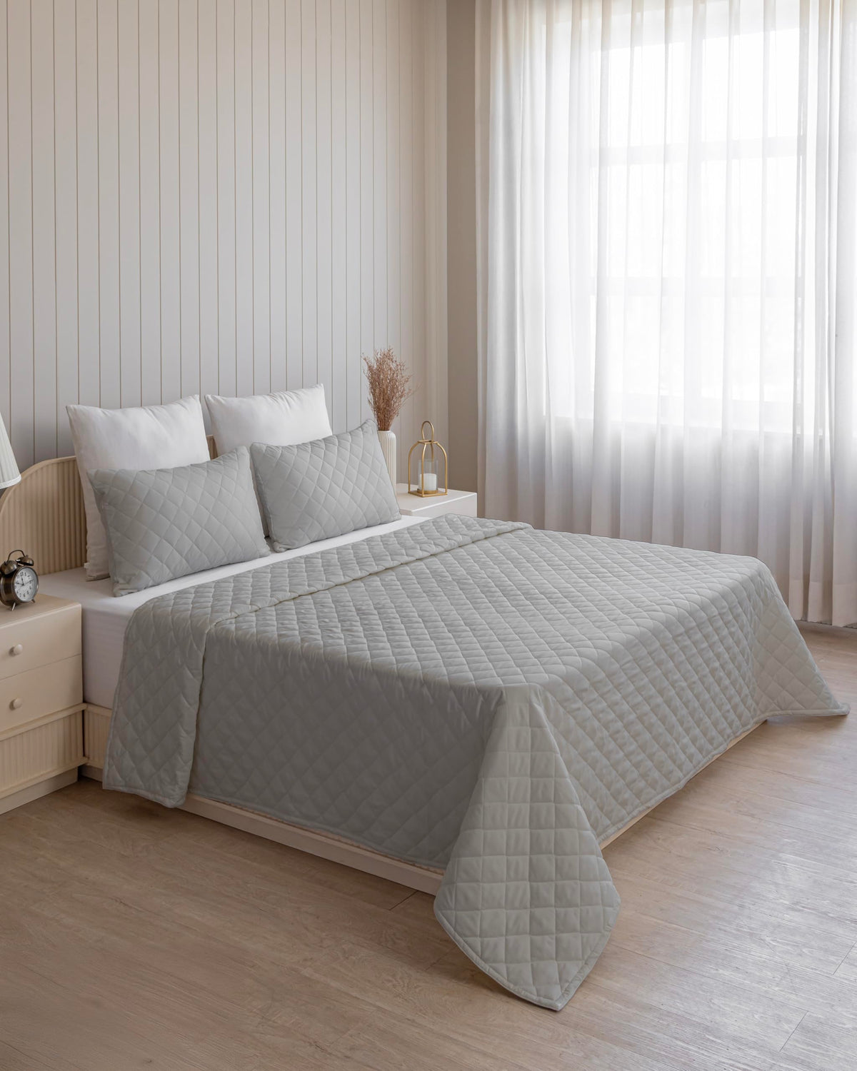 Westy Home quilted dohar, Silver Grey, angled bedroom view
