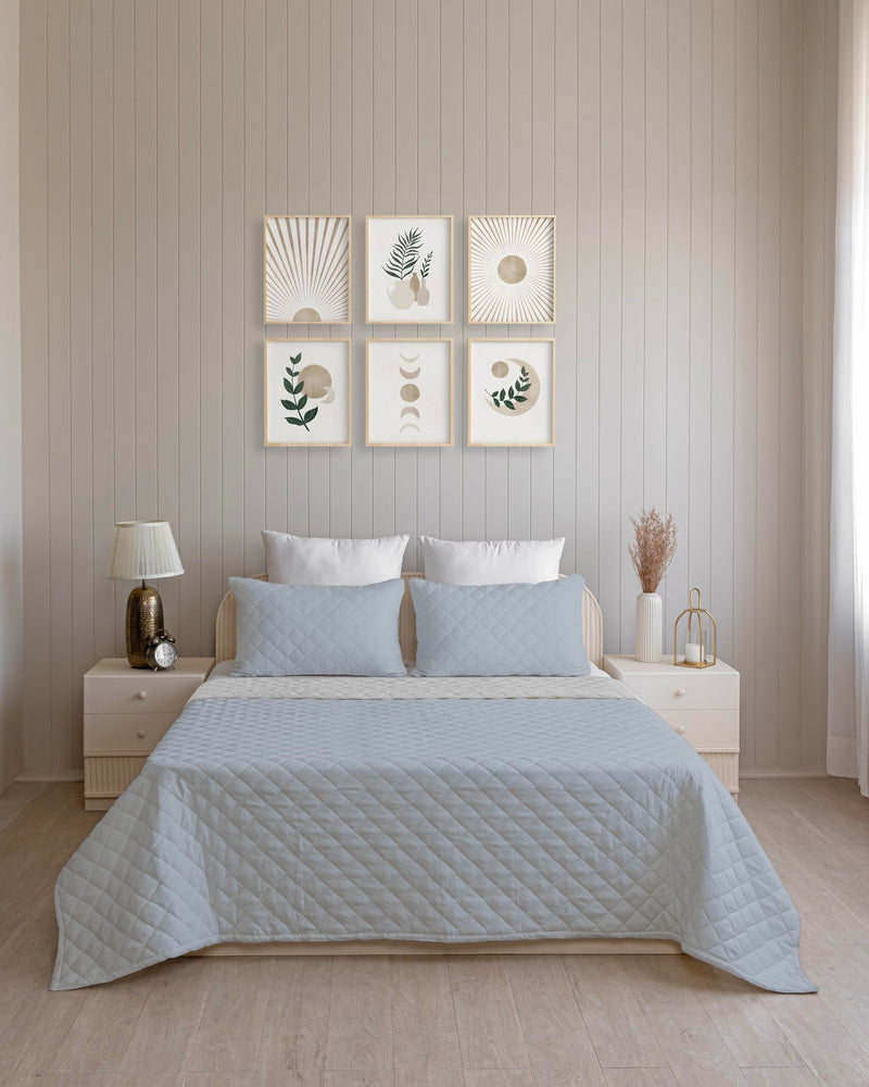 Westy Home quilted dohar, Sky Blue & Light Grey, front bedroom view