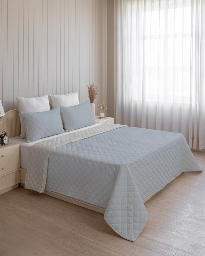 Quilted Dohar – Sky Blue & Light Grey